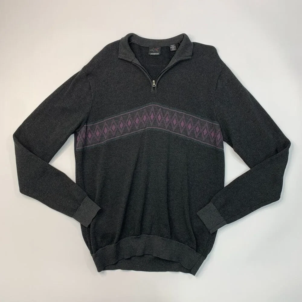 Greg Norman Knit Sweater Mens M Medium Charcoal Diamond Print Cotton Modal Blend